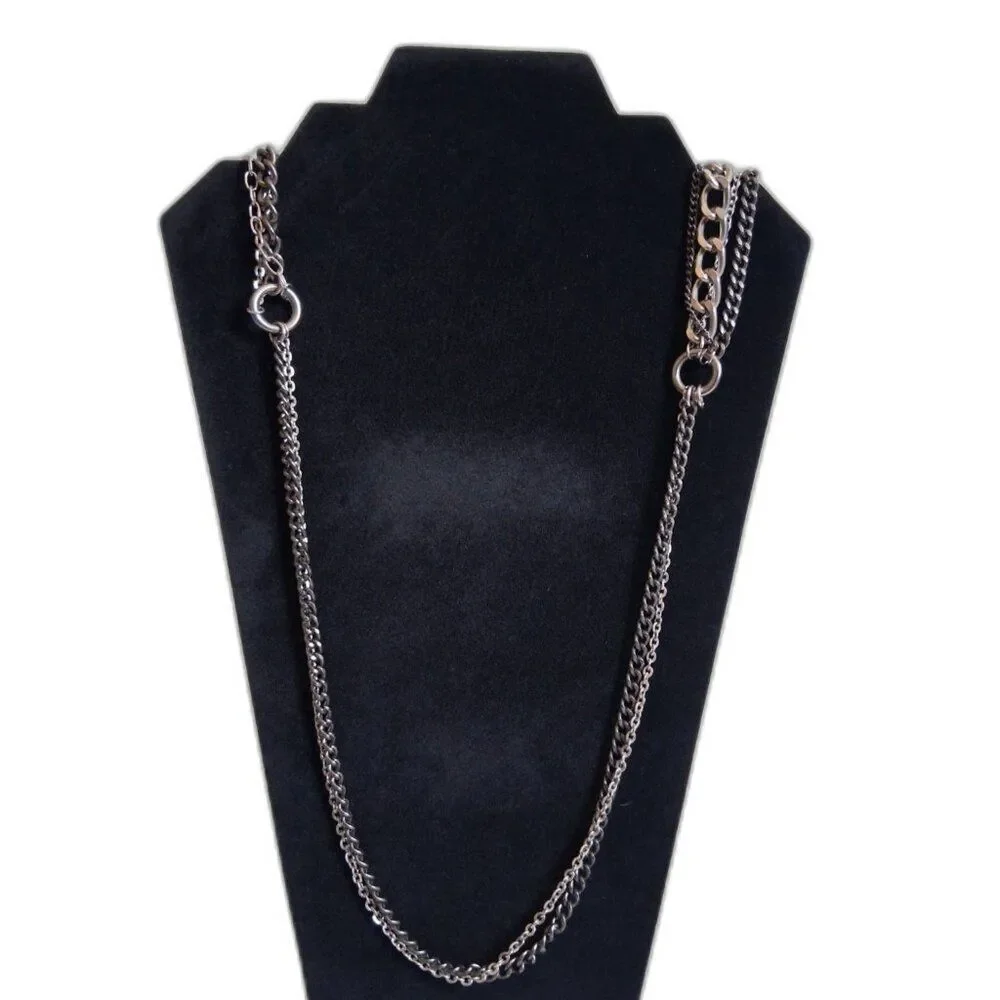 Gunmetal Gray and Silver Toned Metal Curb Cable Link Multi Strand Chain Necklace
